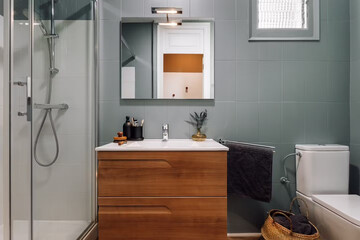 Modern bathroom interior in minimal scandinavian style, 3d render