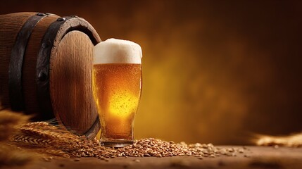 Foamy Beer Glass beside Wooden Barrel on Rustic Table with Barley Grains &ndash; Warm Amber Background, Studio Beverage Photo with Copy Space