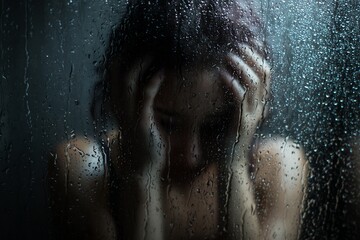 Distressed woman with head in hands behind a wet glass surface, concept for mental health awareness, emotional stress and personal crisis
