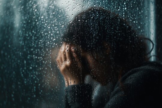 Person covering face in despair near a rainy window, concept for mental health awareness, emotional support and seasonal depression
