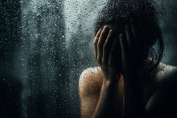 Silhouette of a distressed woman covering her face, standing behind a rain-streaked glass pane; concept for mental health awareness, emotional vulnerability and personal struggles
