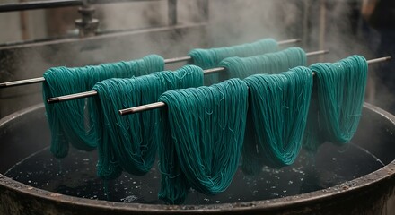 Green yarn being dyed in industrial vat 