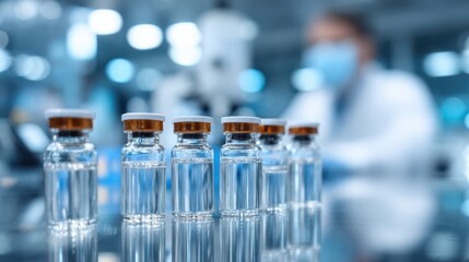 A series of vials filled with a clear liquid are arranged on a laboratory table. A masked researcher is focused on conducting experiments, highlighting the importance of scientific research