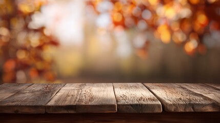 Rustic wooden planks surface with blurry autumn foliage background, concept for product display, seasonal promotions and fall themed designs