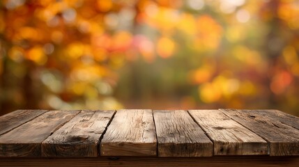 Rustic wooden table surface with autumn foliage background out of focus in warm light, concept for seasonal product display, fall promotions and harvest festival ads