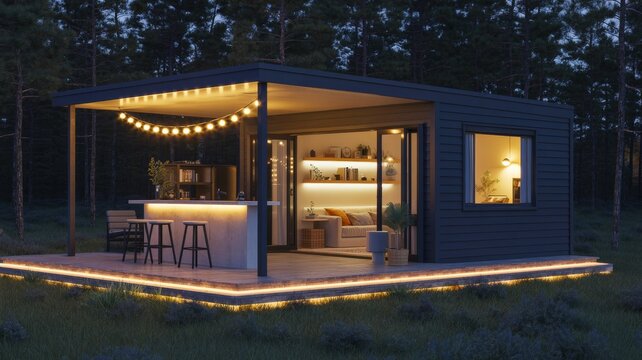 A modern, cozy cabin with a stylish outdoor area illuminated by string lights, surrounded by trees, ideal for relaxation and entertaining.