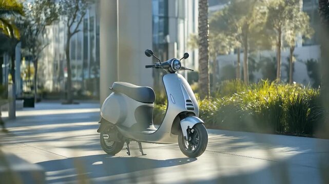 A modern electric scooter stands parked in a sunny, urban setting, promoting sustainable transportation and eco-friendly commuting.