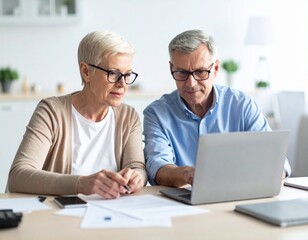 senior couple doing online banking with laptop at home office