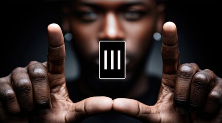 Close-up of a person's hands framing a digital interface.  Dark-skinned individual with fingers hovering over a three-lined icon.  Focus on hands and icon