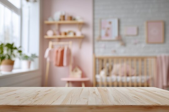 Wooden table surface with blurred baby room background featuring crib, shelves, and decor, concept for product display, interior design showcase and baby product promotion