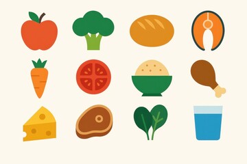 Modern geometric food illustration with healthy lifestyle icons and nutritional balance visualization
