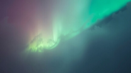 An extreme macro close-up of a small detail within a dazzling aurora display, shrouded in thick fog, emphasizing low visibility and the subtle textures of the aurora