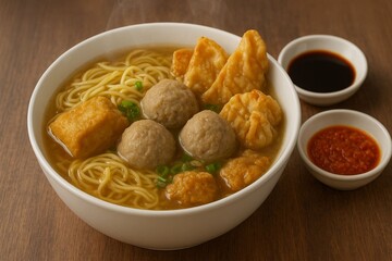Authentic Indonesian Bakso Malang – Delicious Beef Meatball Soup with Noodles, Fried Tofu, Dumplings, and Sambal – High-Resolution Food Photography