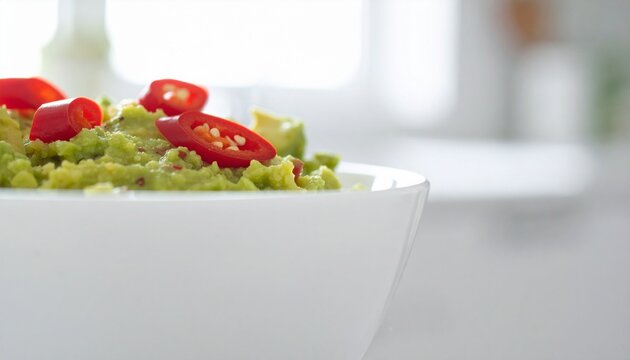 Bowl with tasty guacamole, chili pepper and ripe avocados on white background - Powered by Adobe