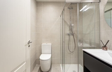 Modern bathroom interior in minimal scandinavian style, 3d render