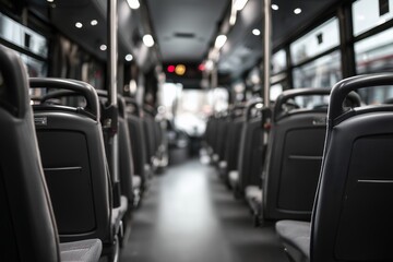 Interior view of a public bus with empty black seats aligned in rows, concept for urban transport advertising, travel brochure and city planning presentation