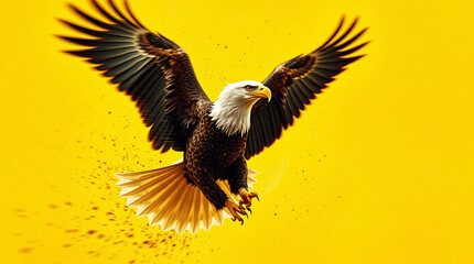 Artistic depiction of a bald eagle in dynamic motion, surreal infrared tones, splash paint effect, textured yellow background, otherworldly appearance, blurred lines