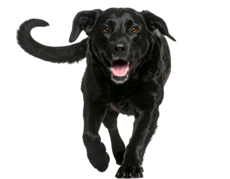 Black Dog Walking Toward Camera, Front Perspective, Tail Wagging, Isolated