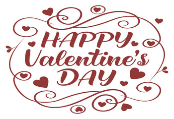 Romantic Happy Valentine’s Day Typography Design with Decorative Hearts and Swirls on White Background