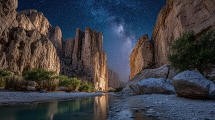 Under a blanket of stars, the canyon at Big Bend National Park reveals towering rock formations and a calm river reflecting the night sky. The landscape evokes tranquility and wonder
