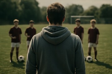 Youth soccer coach standing in front of players on a grass field during practice