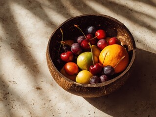 Fresh assorted cherries and apricots in a rustic wooden bowl on textured stone surface with natural sunlight