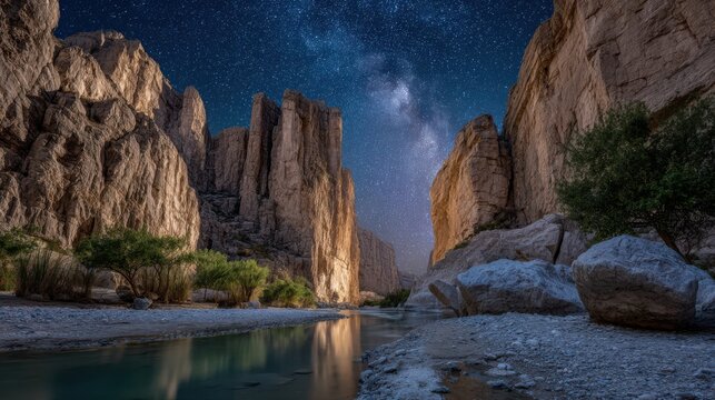 Under a blanket of stars, the canyon at Big Bend National Park reveals towering rock formations and a calm river reflecting the night sky. The landscape evokes tranquility and wonder
