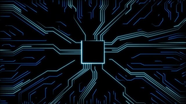 animated glowing blue line circuit board move towards the center. animation footage video isolated on black background.