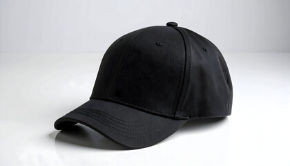 Black Baseball Cap Against White Background with Subtle Shadow and Textured Surface Simple Isolated Studio Shot