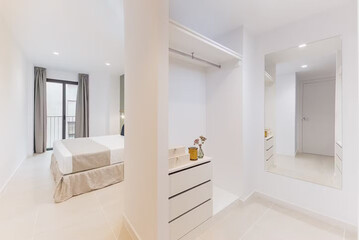 Modern luxury bedroom interior in minimal scandinavian style, 3d render