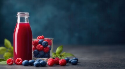 Fresh Berry Juice with Raspberries and Blueberries on Dark Background