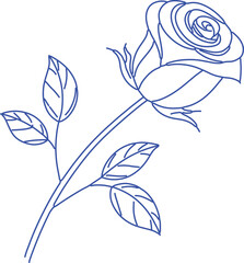 Blue rose line art illustration featuring elegant petals, curved stem, and detailed leaves, perfect for minimalist floral designs, romantic artwork, and modern botanical vector projects.