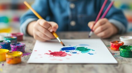 Children drawing or painting at a table, creative play, artistic development