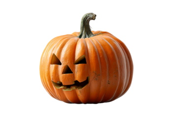 Carved Halloween Pumpkin with Spooky Face and Stem Against White Background
