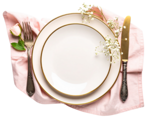  Elegant Serving Plate with Gold Trim and Soft Pink Accents, Styled for a Romantic Occasion, Transparent Background