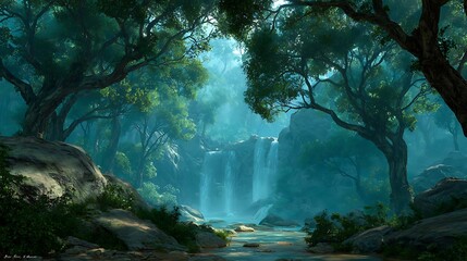 A serene, lush forest with a waterfall cascading down a rocky cliff, surrounded by towering trees and a calm stream.