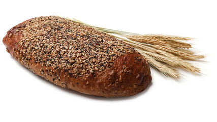 Loaf of fresh bread with seeds and spikes isolated on white