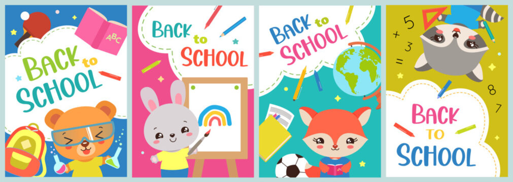 Back to school cards with cute kawaii animals. Whimsical banner, book cover, school supplies packaging, sale flyer or poster. Cartoon animal characters. Hand drawn illustration vector flat design.
