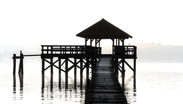 Silhouette Of Wooden Pier And Gazebo On Lake With Foggy Sky During Morning
