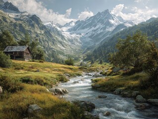 Tranquil Alpine Valley: Snow-Capped Peaks Surrounding a Pristine River Through Green Meadows and a Quaint Chalet