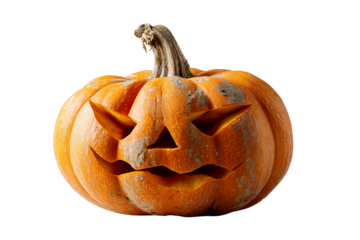 Carved Orange Pumpkin Face With Traditional Spooky Features Isolated on White Background