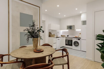 Modern luxury kitchen interior in minimal scandinavian style, 3d render