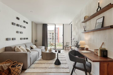 Modern luxury apartment interior in minimal scandinavian style, 3d rendering
