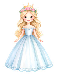 Watercolor Royal Radiance: A radiant princess in a beautiful gown, adorned with a floral crown, embodying fairytale charm and elegant innocence.