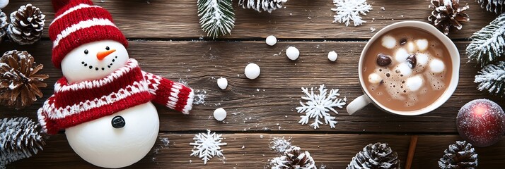 Cheerful snowman with a cozy cup of hot chocolate, surrounded by winter decorations.