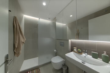 Modern bathroom interior in minimal scandinavian style, 3d render
