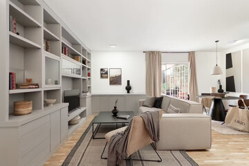 Modern luxury apartment interior in minimal scandinavian style, 3d rendering