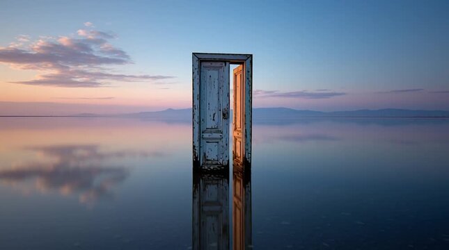A lone antique wooden door standing upright and closed in an empty space, symbolizing mystery, opportunity, and hidden paths.
