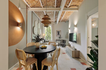 Modern luxury kitchen interior in minimal scandinavian style, 3d render