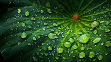 A close-up of a green lotus leaf with water droplets, set against a dark green background.
